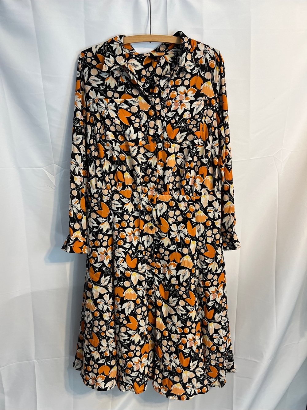 Long Sleeve Floral Shirt Dress in Black and Orange